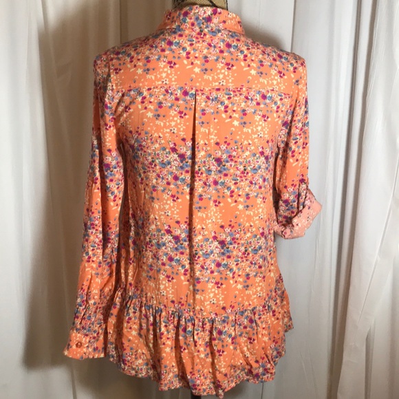 Ezra Floral Hi-Lo Ruffle Back Button Down Blouse S - Picture 3 of 6